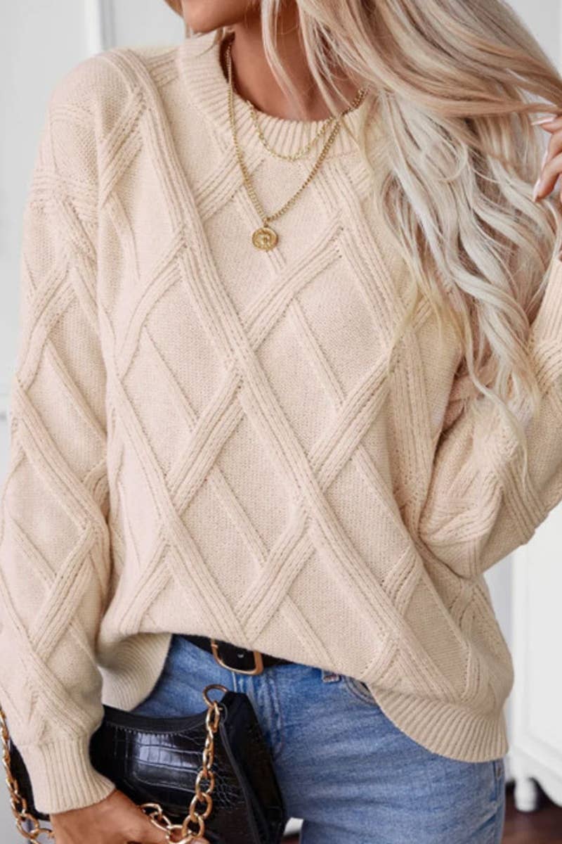 CWOSWL5128_WINTER CREW NECK LONG SLEEVE DIAMOND SWEATER