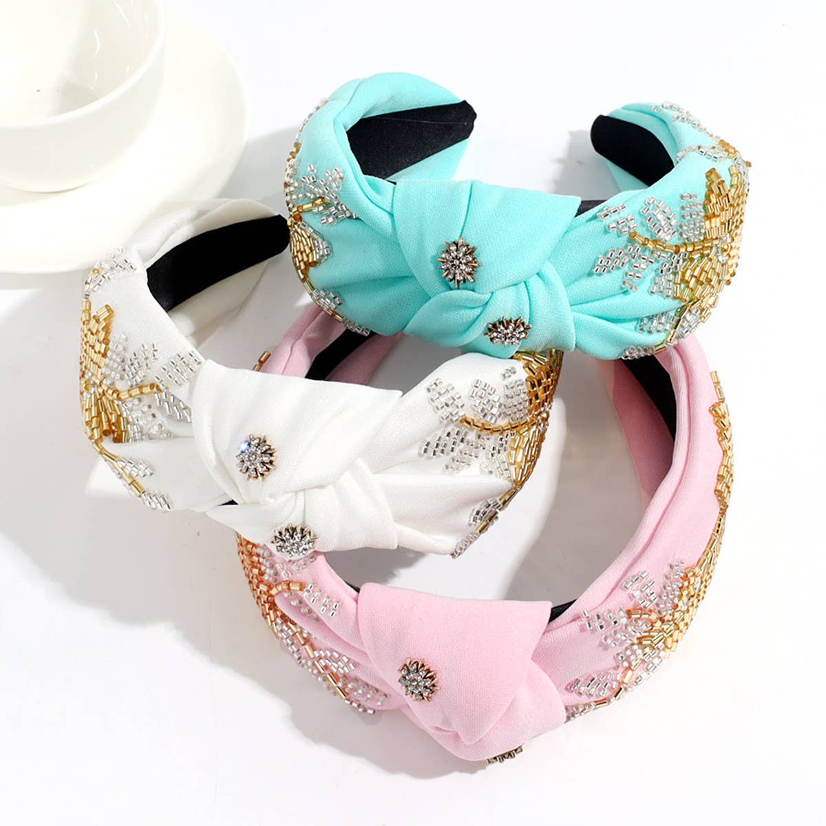 RHINESTONE RICE BEADS KNOTTED WIDE BRIM HEADBAND
