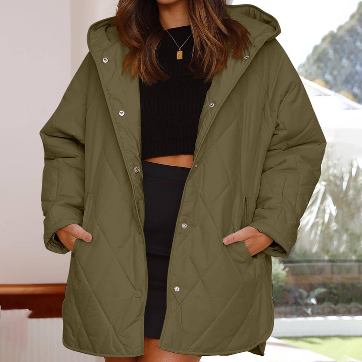 CASUAL QUILTED DIAMOND HOODED LIGHT JACKET