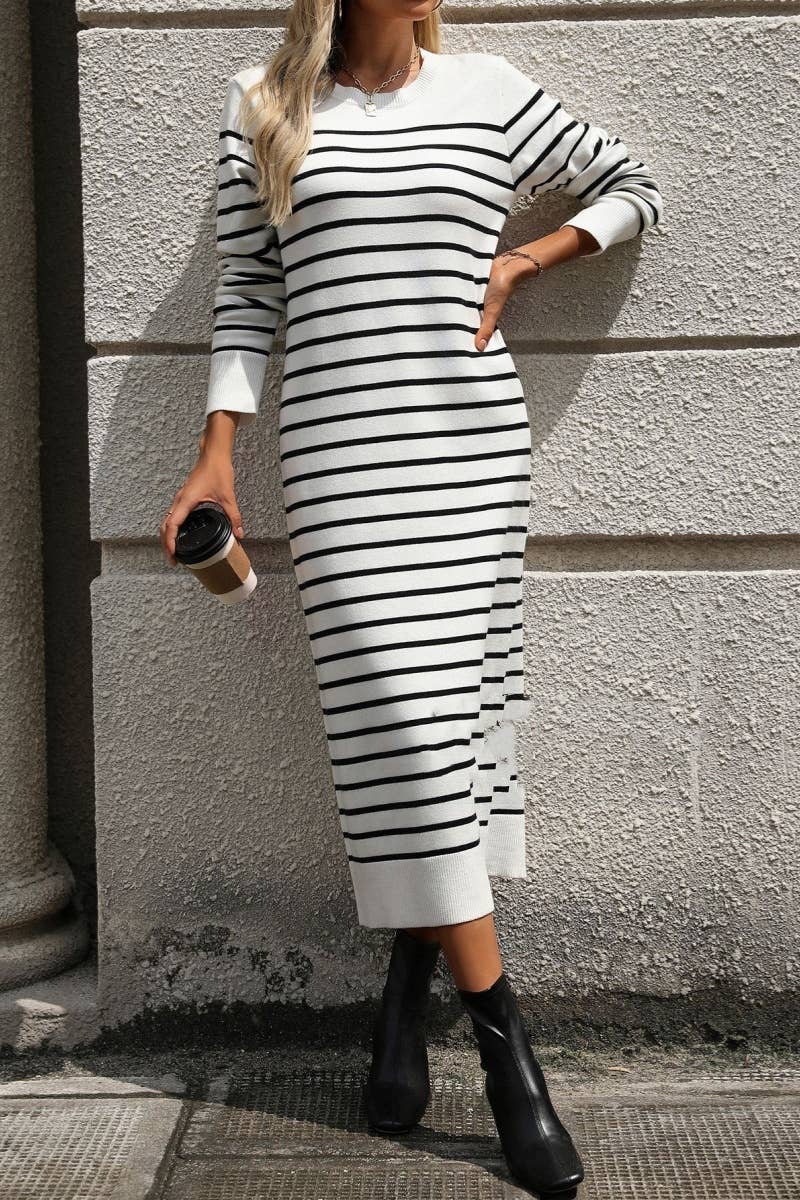 CWDMD4023_ROUND NECK LONG SLEEVE STRIPED DRESS LONG STYLE