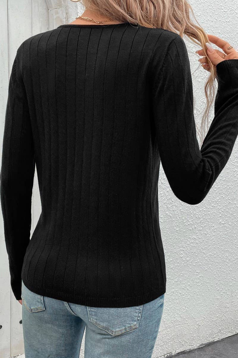 CWTBLL00726_RIBBED V NECK LONG SLEEVE BLACK SWEATER