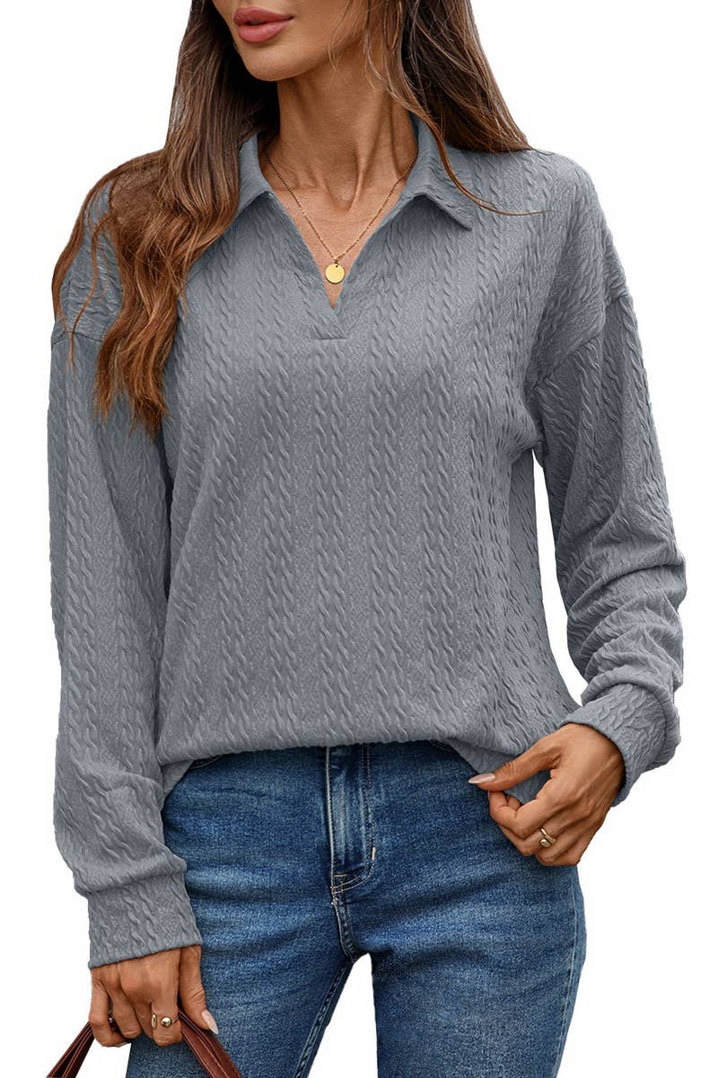 CWTBLL01307_V NECK CABLE KNIT SOLID LONG SLEEVE TEE