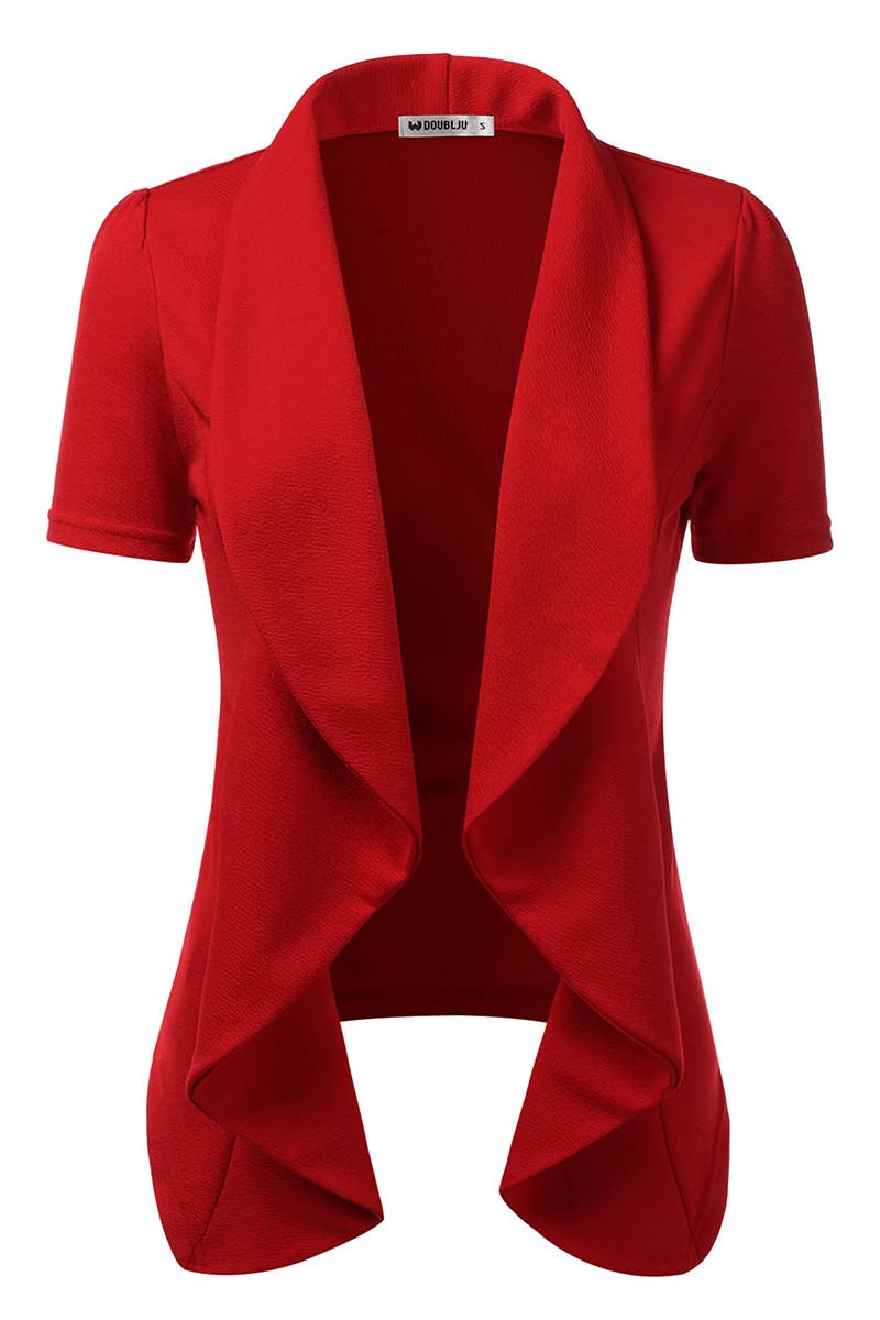 CWOBL095-P_Short Sleeve Open Front Draped Ruffles Blouses