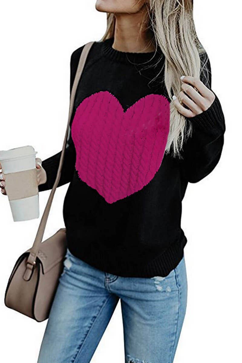 CWOSWL5809_KNITTED ROUND NECK PULLOVER HEART SWEATER