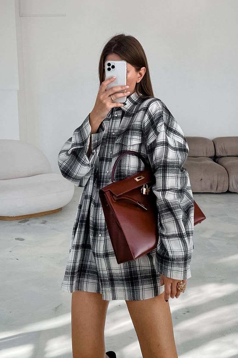 CWTBLL00617_RETRO BLACK AND WHITE PLAID LONG-SLEEVED SHIRT