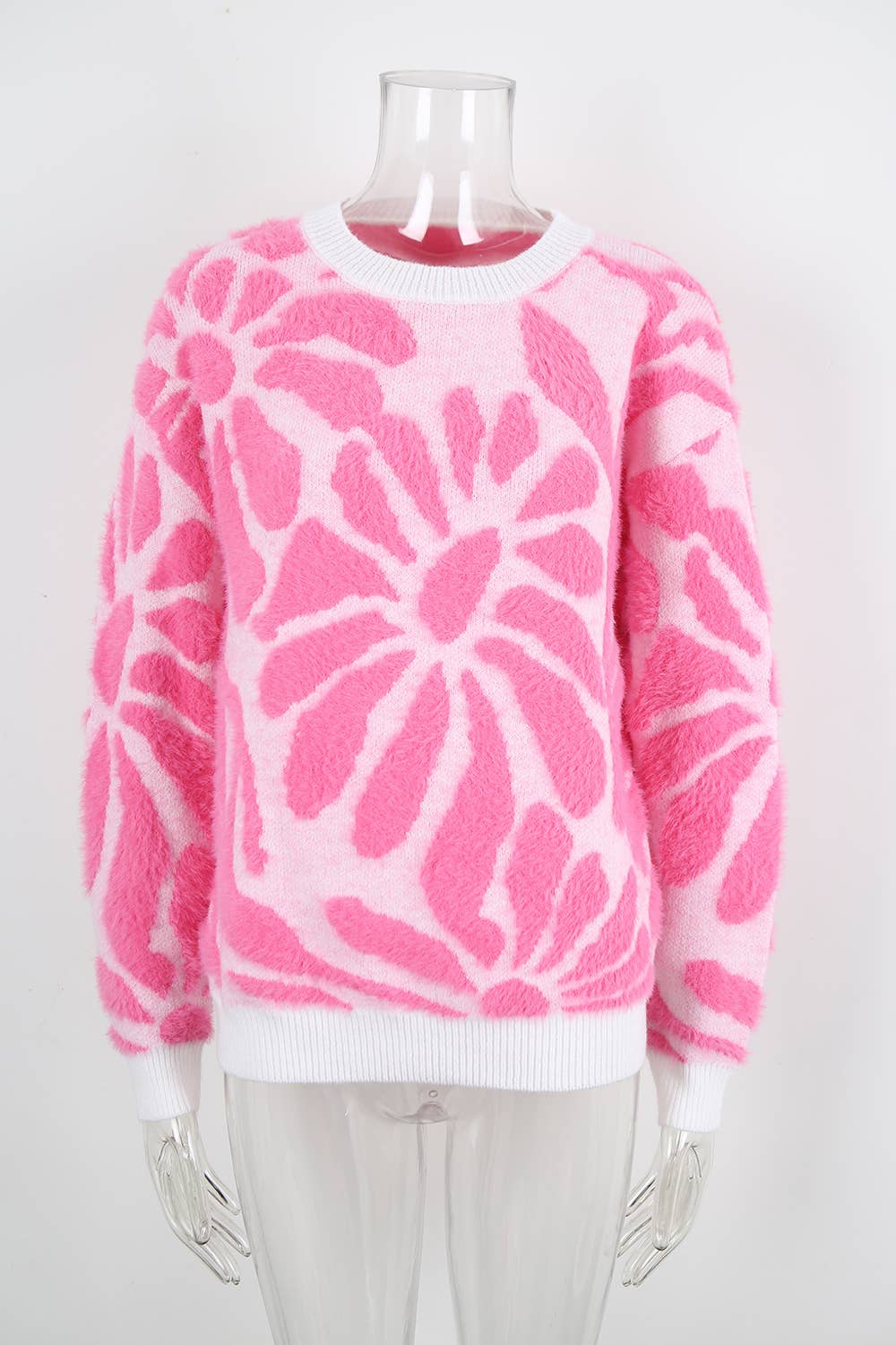 Fluffy flower round-neck warm knitted sweater