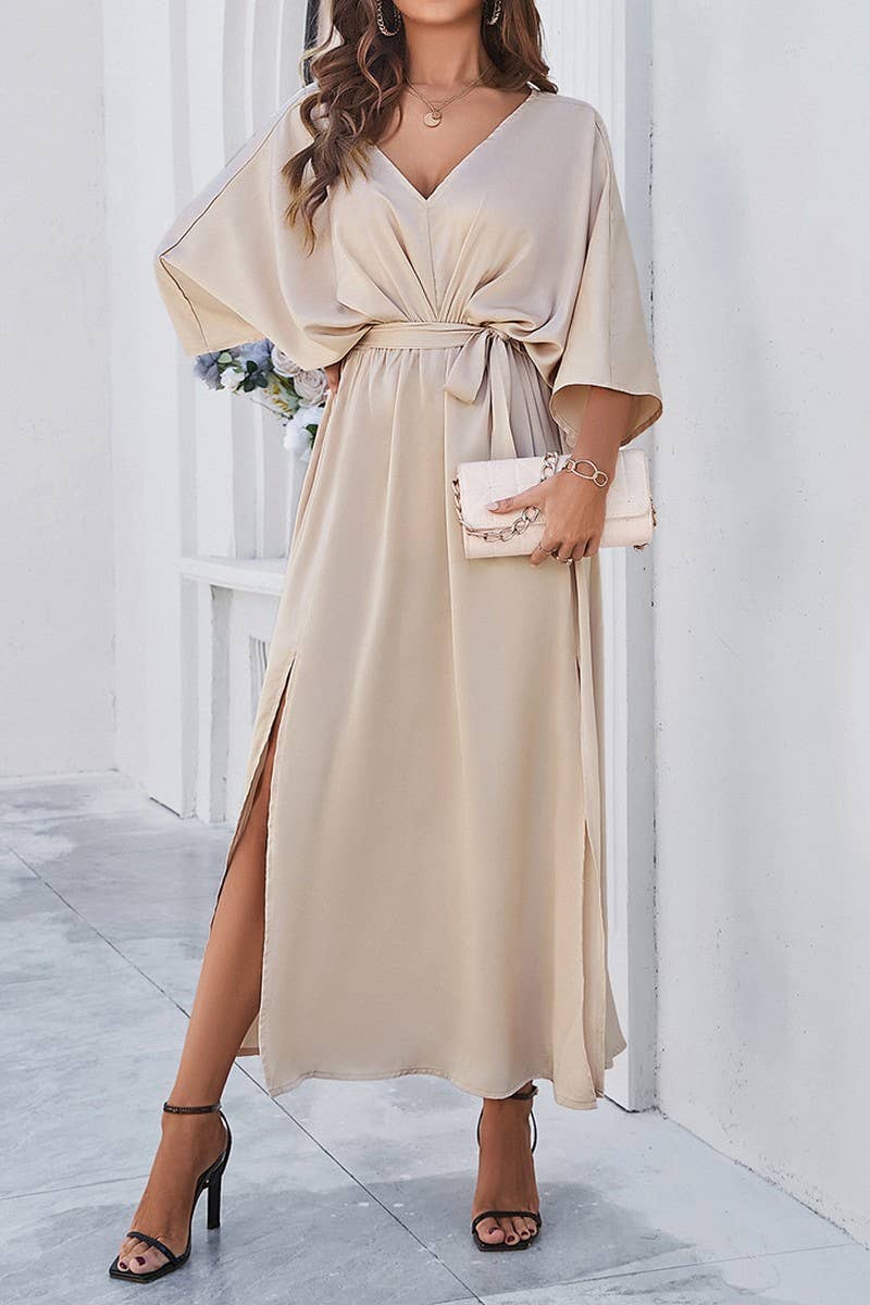 CWDMD1334_V-Neck 3/4 Sleeve With Belt Maxi Dresses