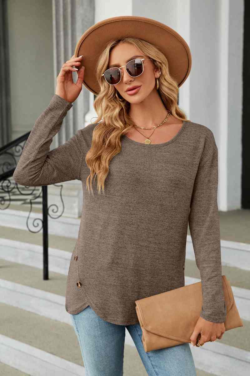 CWTBLL2839_BIG CREW-NECK LONG SLEEVE SPLIT BUTTON TOP