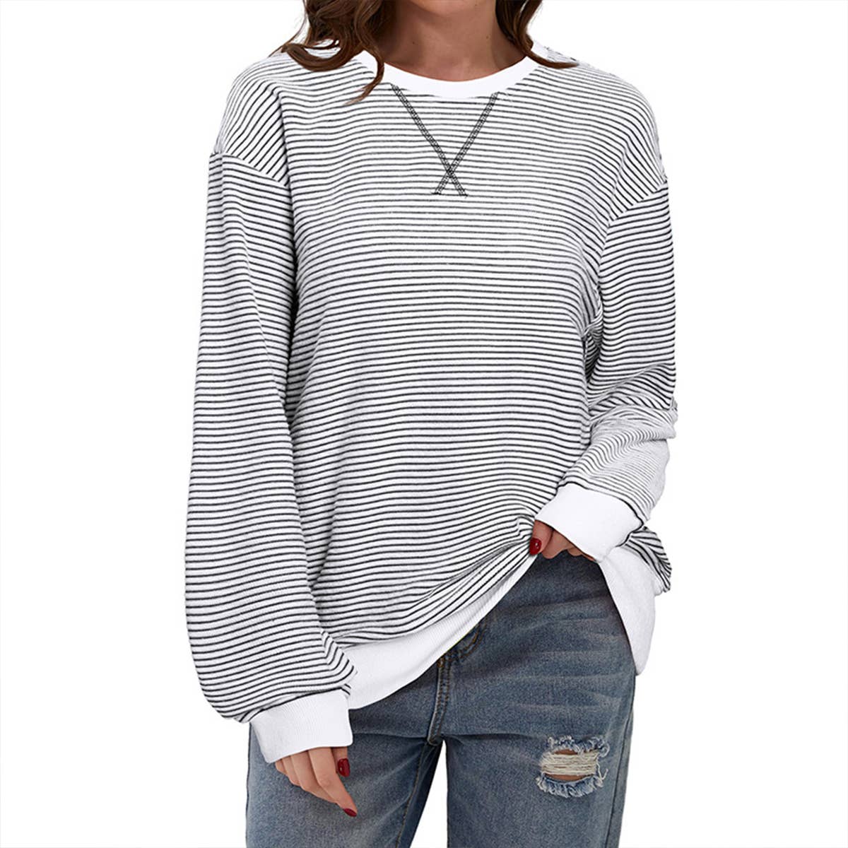 CASUAL COMMUTING LADY STRIPED CREW NECK HOODIE
