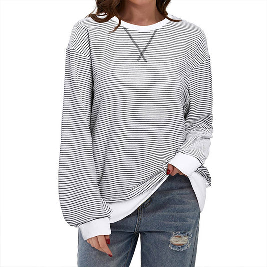 CASUAL COMMUTING LADY STRIPED CREW NECK HOODIE