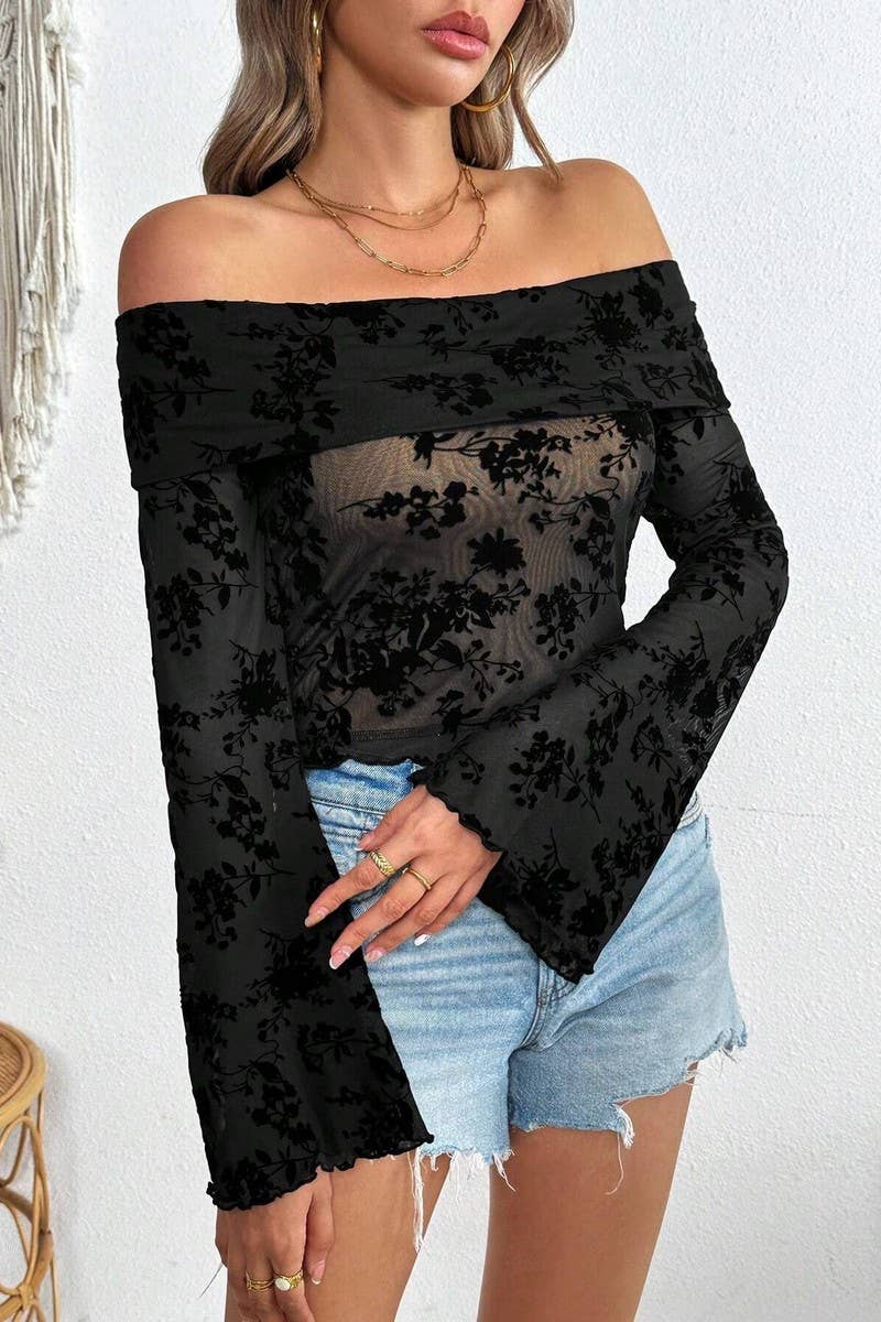 CWTBLL3477_FLOCKED FLORAL OFF-THE-SHOULDER BELL SLEEVE TOP