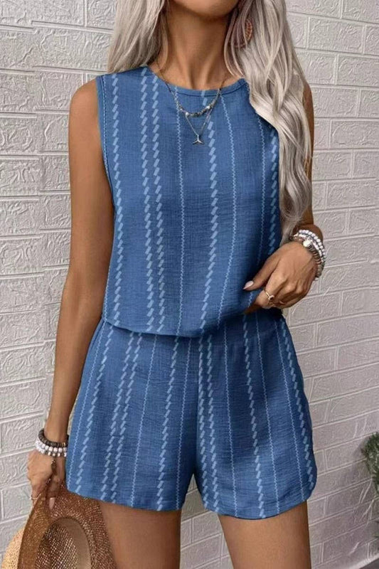 CWSTB2054_CASUAL STRIPED SLEEVELESS TANK AND SHORTS SET