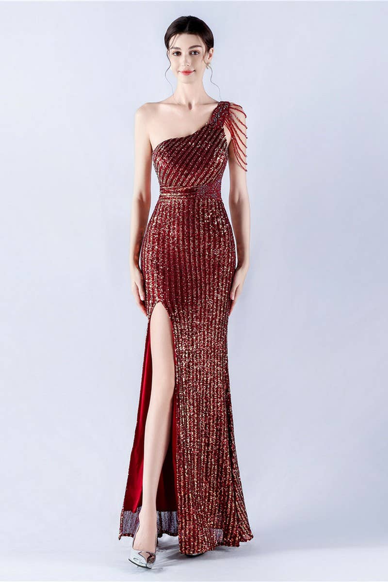 CWDMD4826_ONE-SHOULDER OFF-SHOULDER HIGH-SLIT SEQUINED DRESS