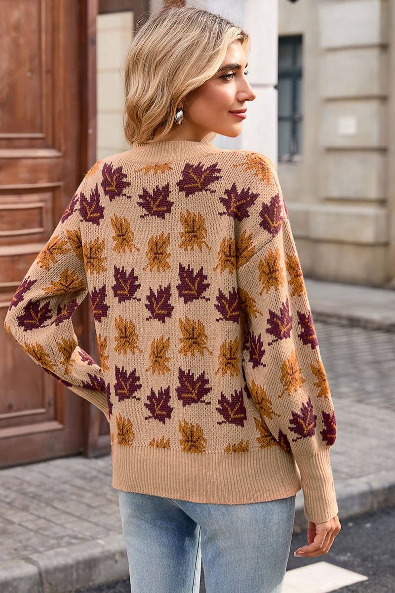 CWOSWL07299_CASUAL CREWNECK JACQUARD KNIT SWEATER WITH LEAF