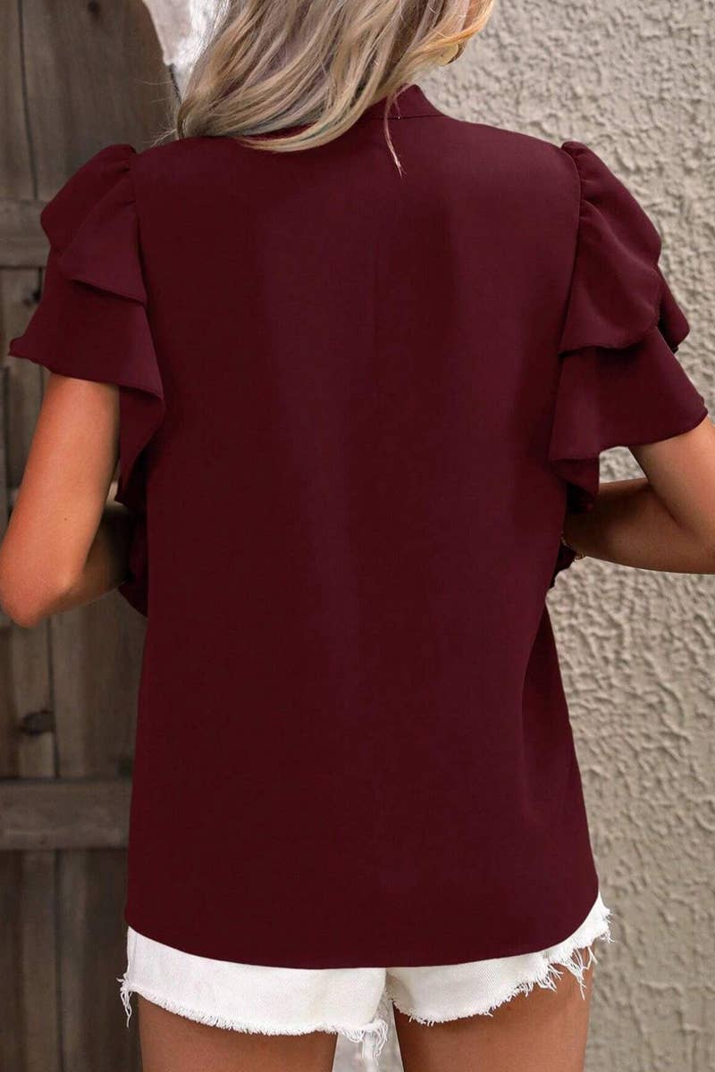 CWTSTS0666_SUMMER V-NECK CASUAL RUFFLE SLEEVE SHIRT