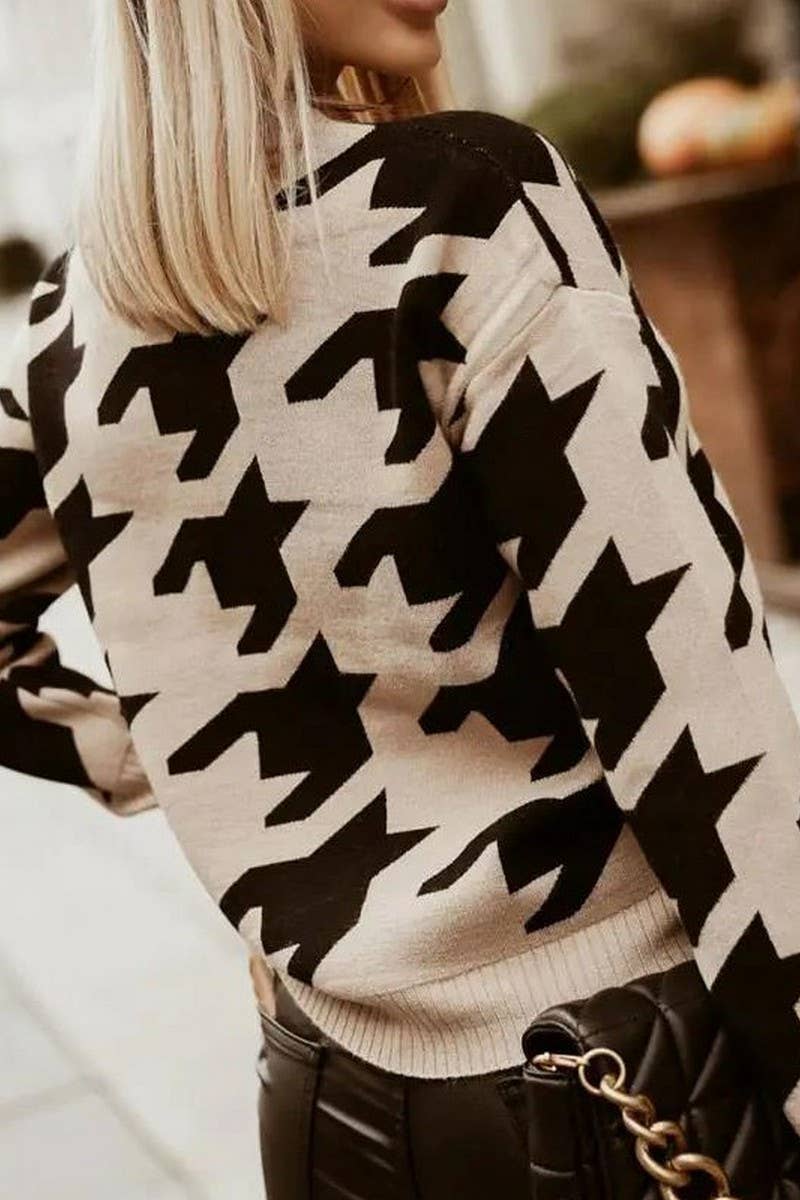 CWOSWL6276_CREW NECK HOUNDSTOOTH KNITTED SWEATER