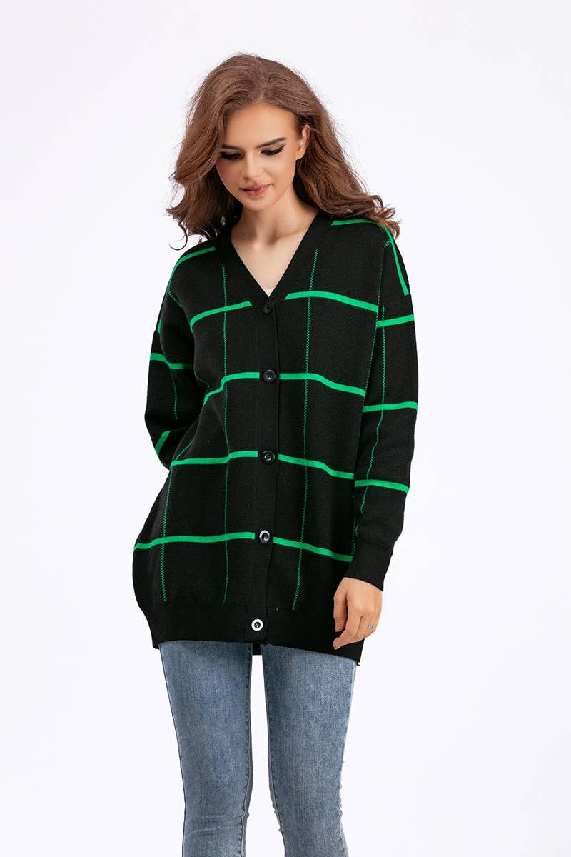 CWOCAL00671_STRIPED PLAID LOOSE KNIT CARDIGAN SWEATER