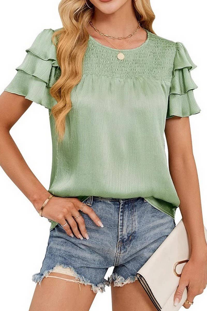 CWTBLS2271_SATIN RUCHED TIERED SHORT SLEEVE CREW NECK TOP