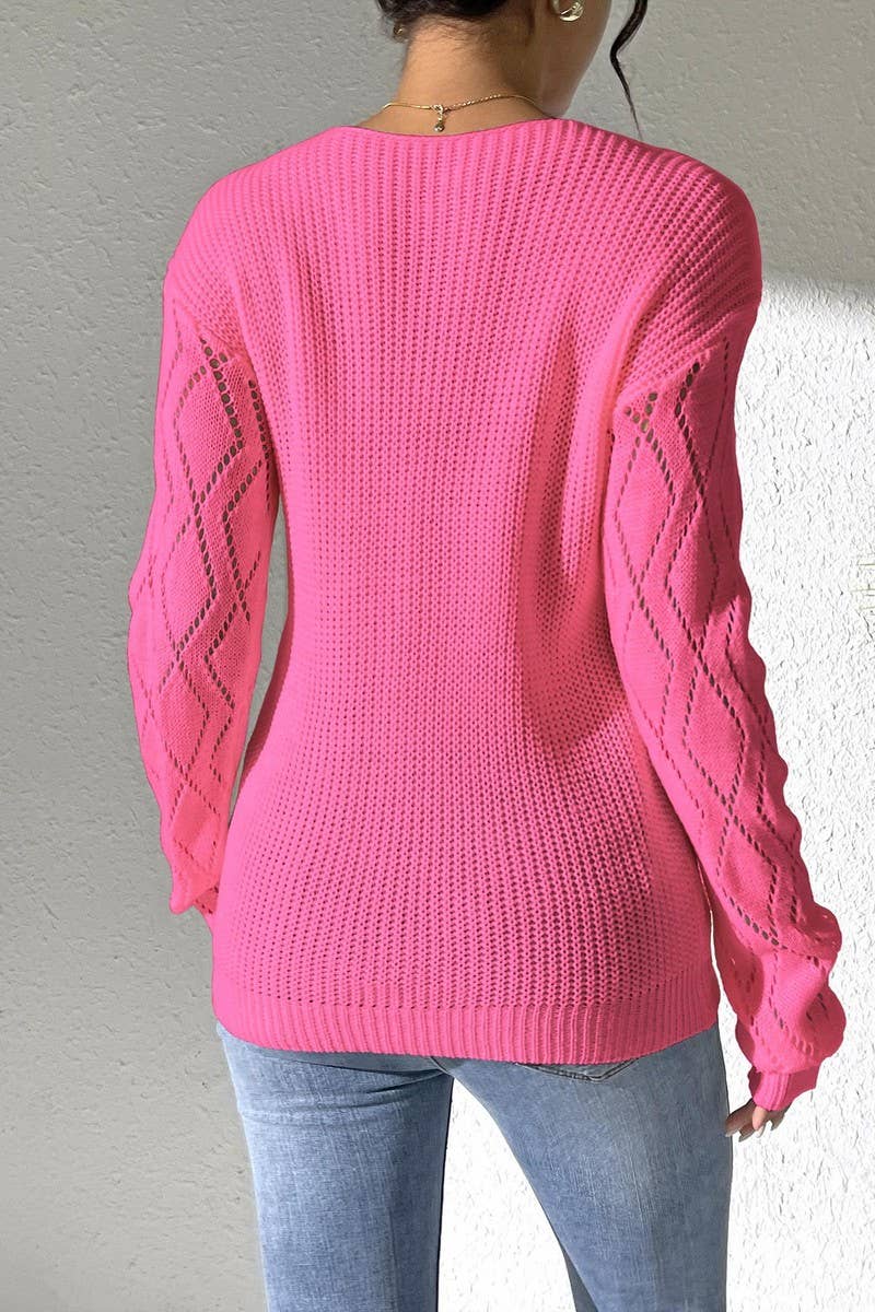 CWOSWL07385_WOMEN LACE V NECK COLOR BLOCK KNIT TOP