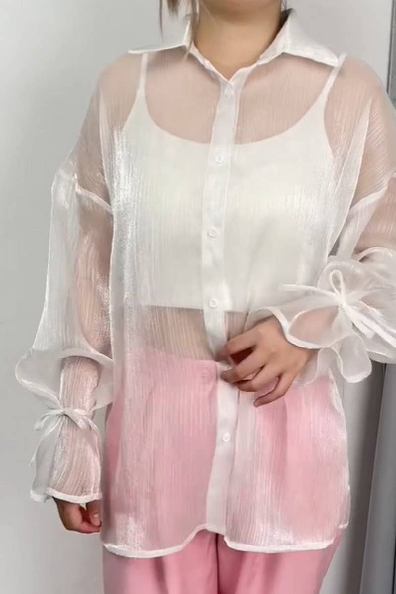 CWTSTL2580_LAPEL PUFF SLEEVE COMMUTER SEE-THROUGH SHIRT