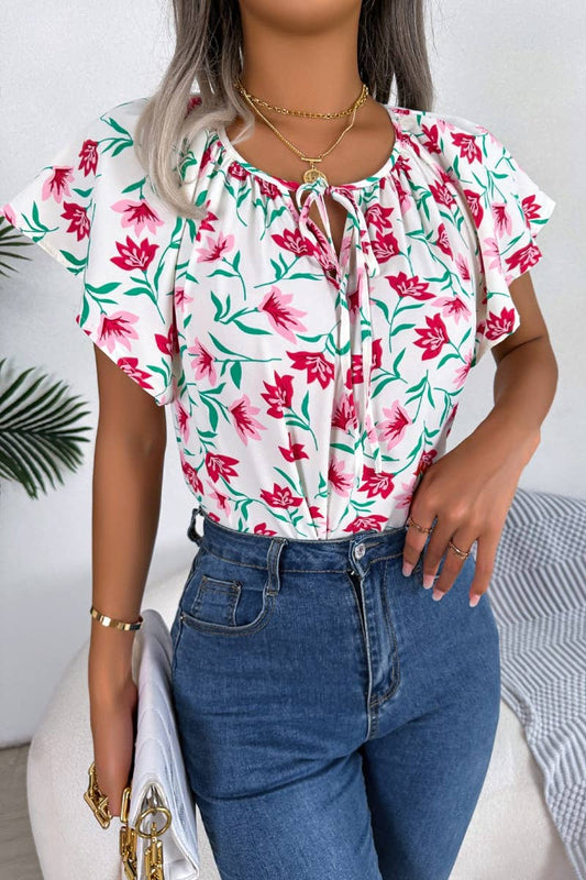 CWOV0302_SUMMER CASUAL LOOSE RUFFLED LACE CHIFFON TOP