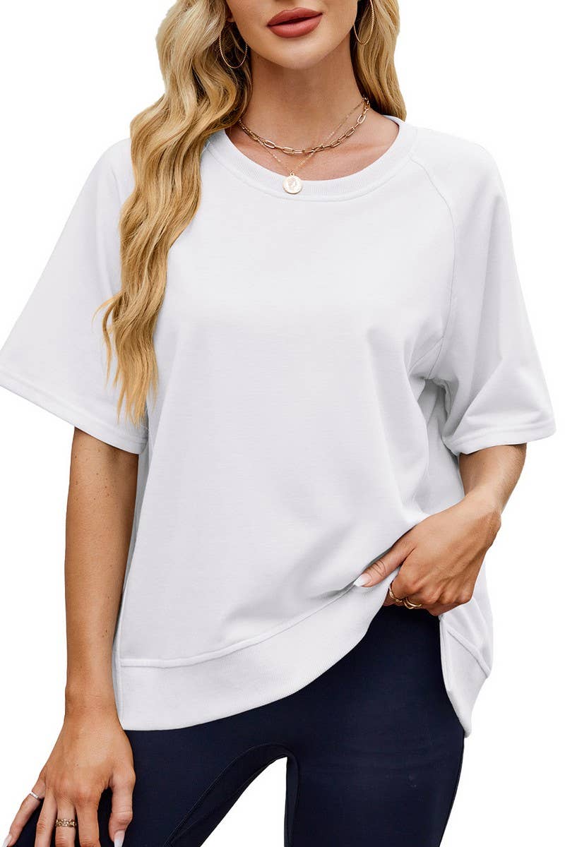 CWTTS1341_SPRING AND SUMMER THREADED ROUND NECK LOOSE TOP