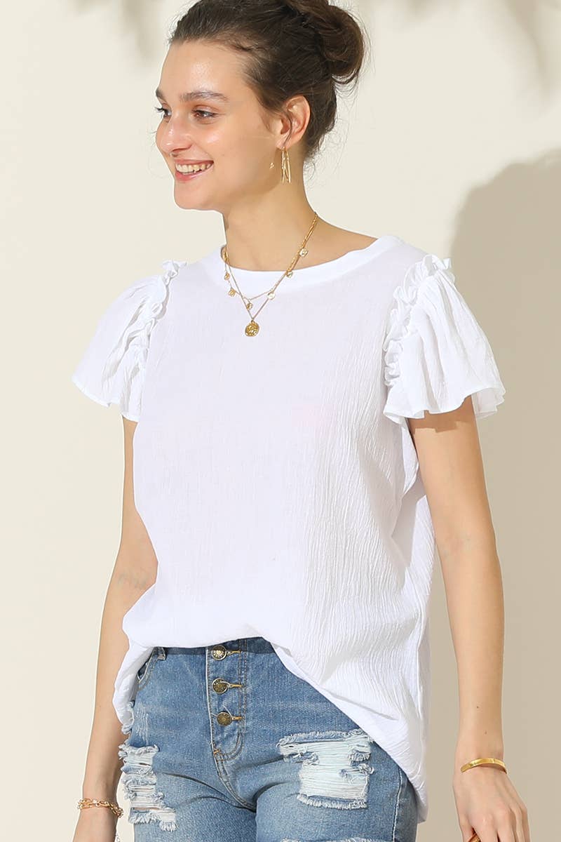 CWTBLS203_R NECK FRILL SHORT SLEEVE BLOUSE TOP