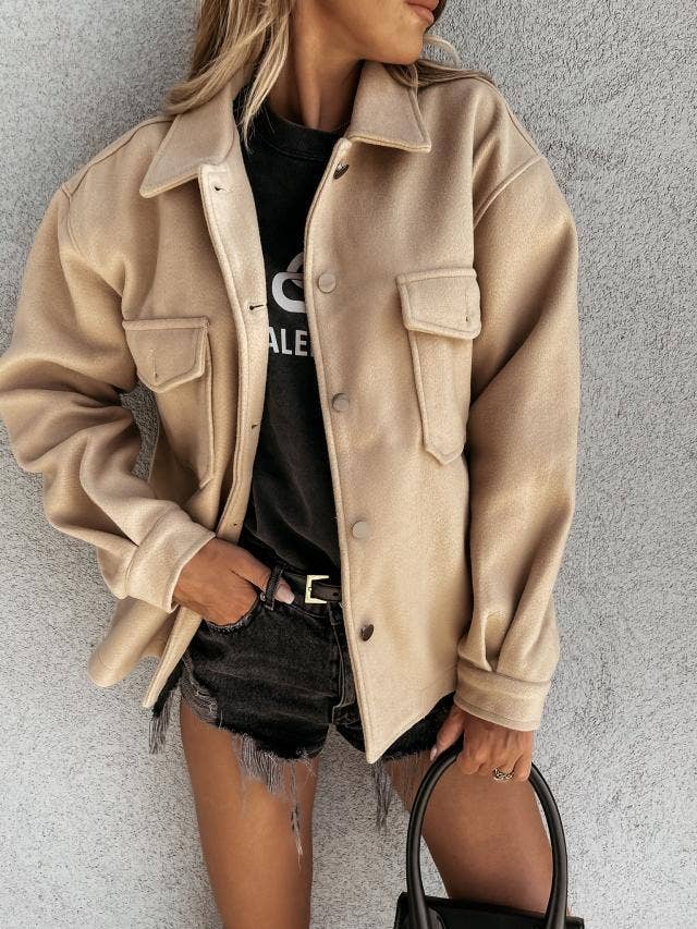 FASHIONABLE SOLID SINGLE-BREASTED WOOL COAT