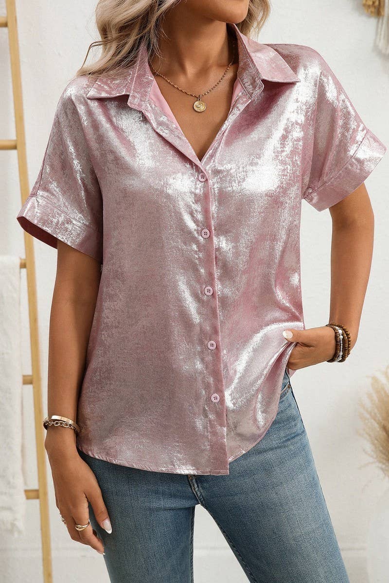CWTBLS2257_METALLIC COLLARED SHORT SLEEVE RELAXED SHIRT