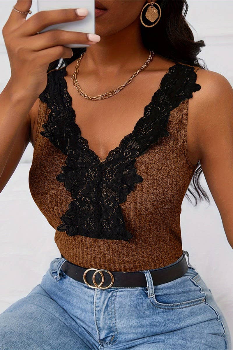 CWTTSL0351_TEMPERAMENT LACE SPLICING V-NECK RIBBED VEST