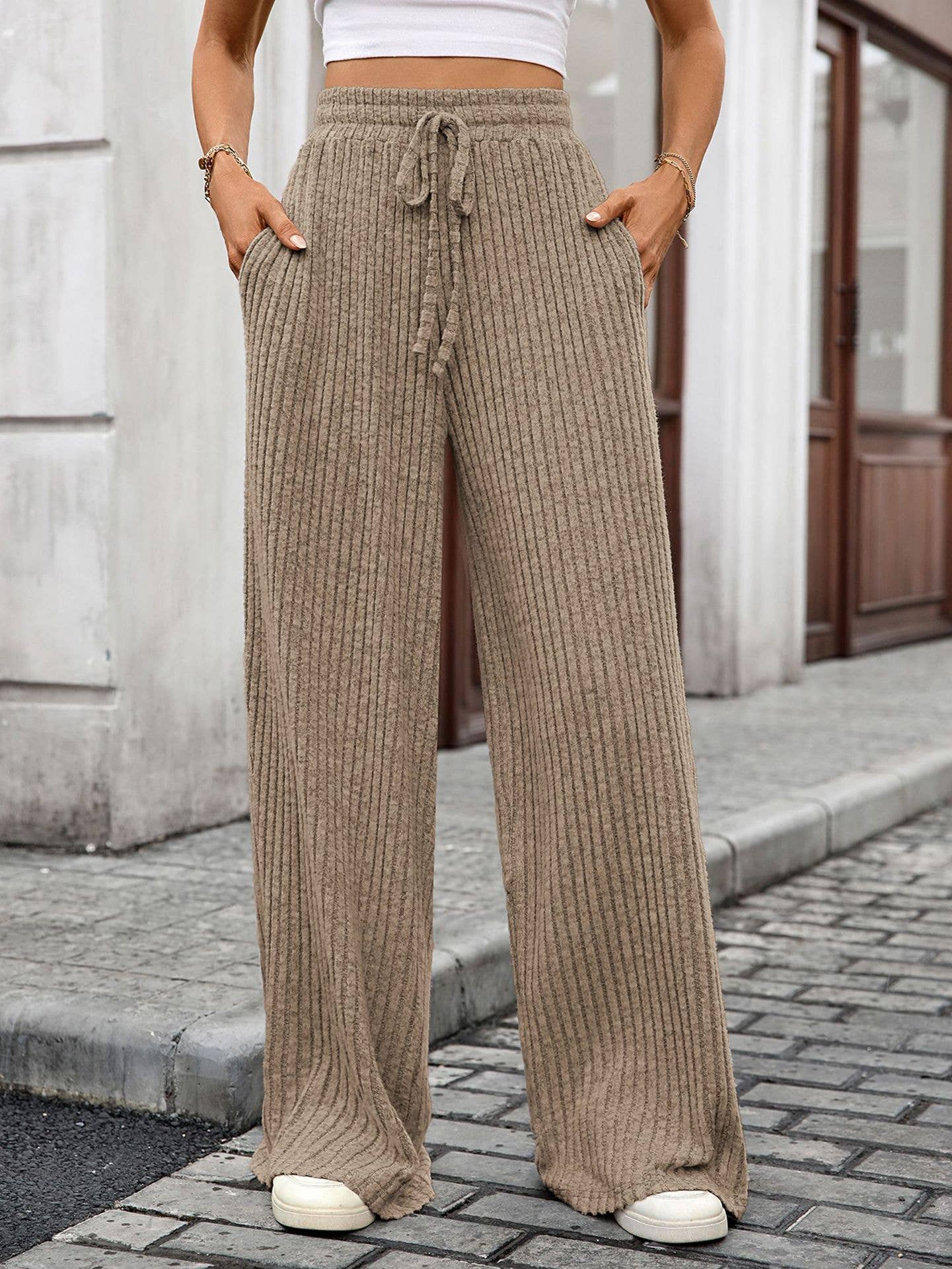 Drawstring pit strip elastic waist long pants