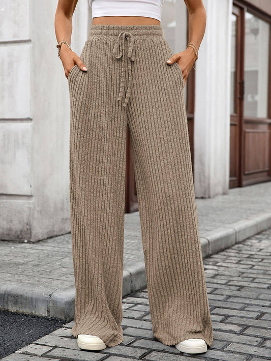 Drawstring pit strip elastic waist long pants