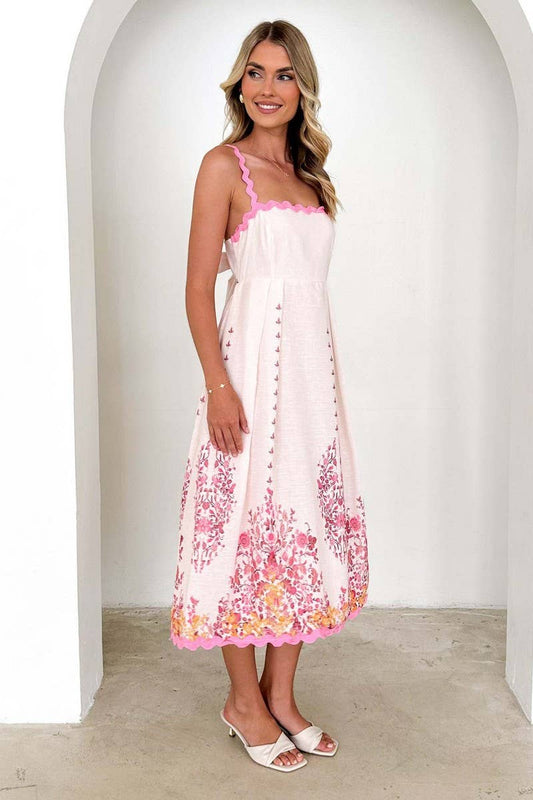 CWDMD5569_PRINTED RUFFLE HEM BACKLESS TIE STRAP DRESS