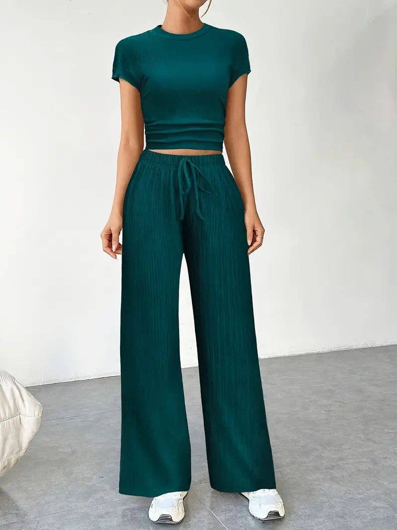 Crew-neck top casual elasticated waist pants suit