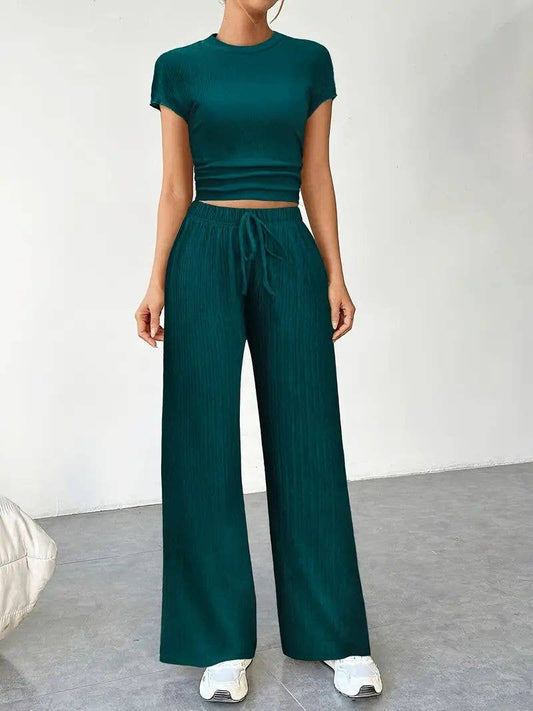 Crew-neck top casual elasticated waist pants suit
