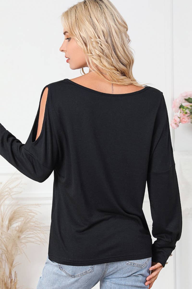 CWTBLL1429_SOLID COLOR BUTTON-DOWN LONG-SLEEVED TOP