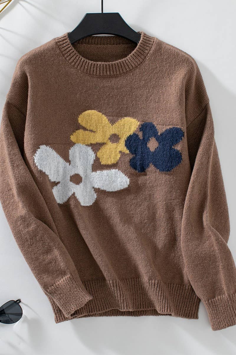 CWOSWL2914_CASUAL FLORAL PRINT CREW NECK KNIT TOP