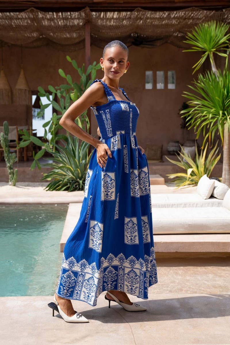 CWDHL1076_SUMMER RESORT STYLE PRINTED SUSPENDER BEACH DRESS