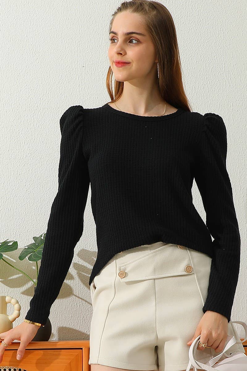 CWTTL913_PUFF SHIRRING LONG SLEEVE KNIT TUNIC WAFFLE TOP