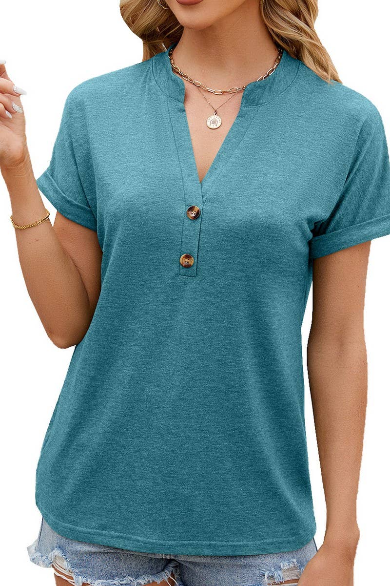 CWTBLS0866_V-NECK SOLID COLOR BUTTON-DOWN SHORT-SLEEVED TOP
