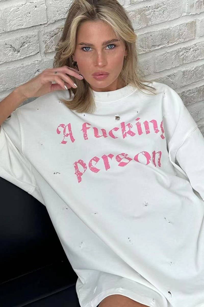 CWTTS1287_LETTER PRINT RIPPED STYLE MID-LENGTH SHORT SLEEVE