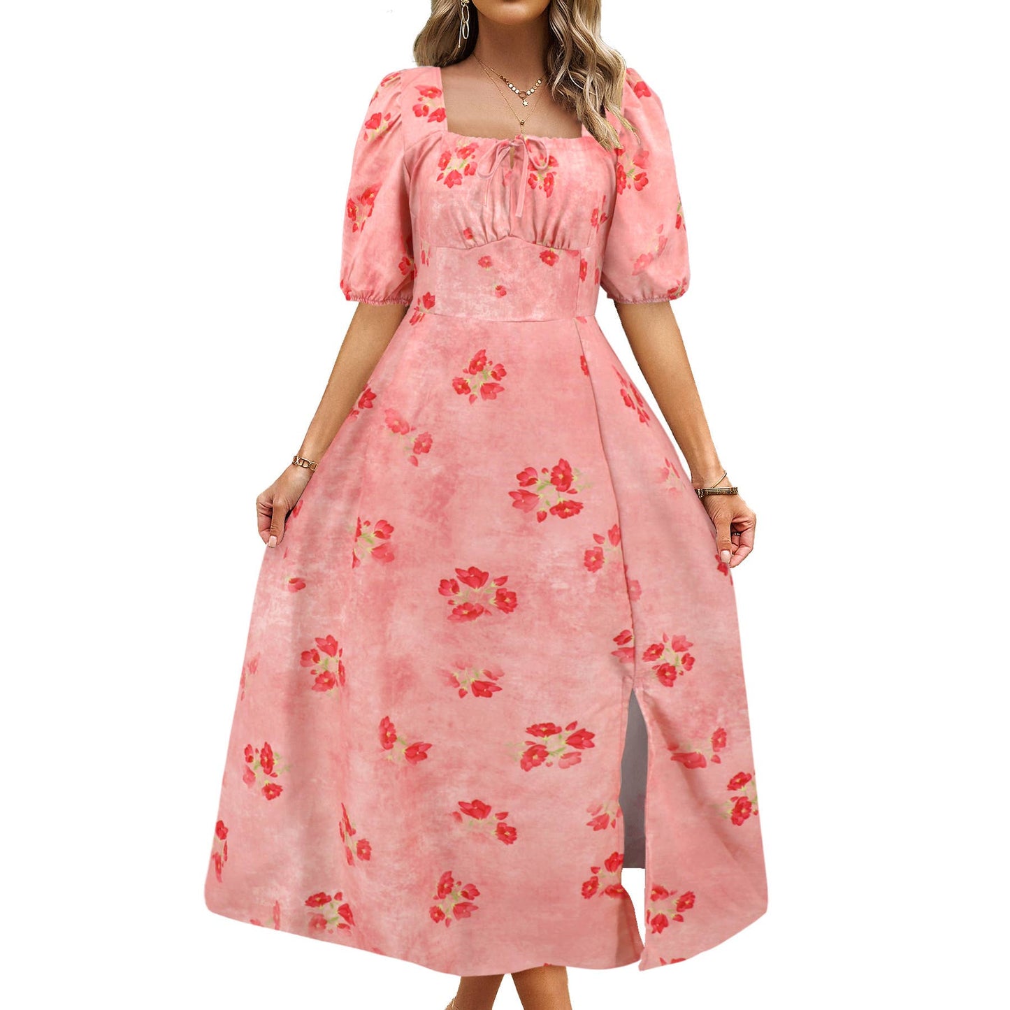 Floral Elegant Lantern Sleeve Dress