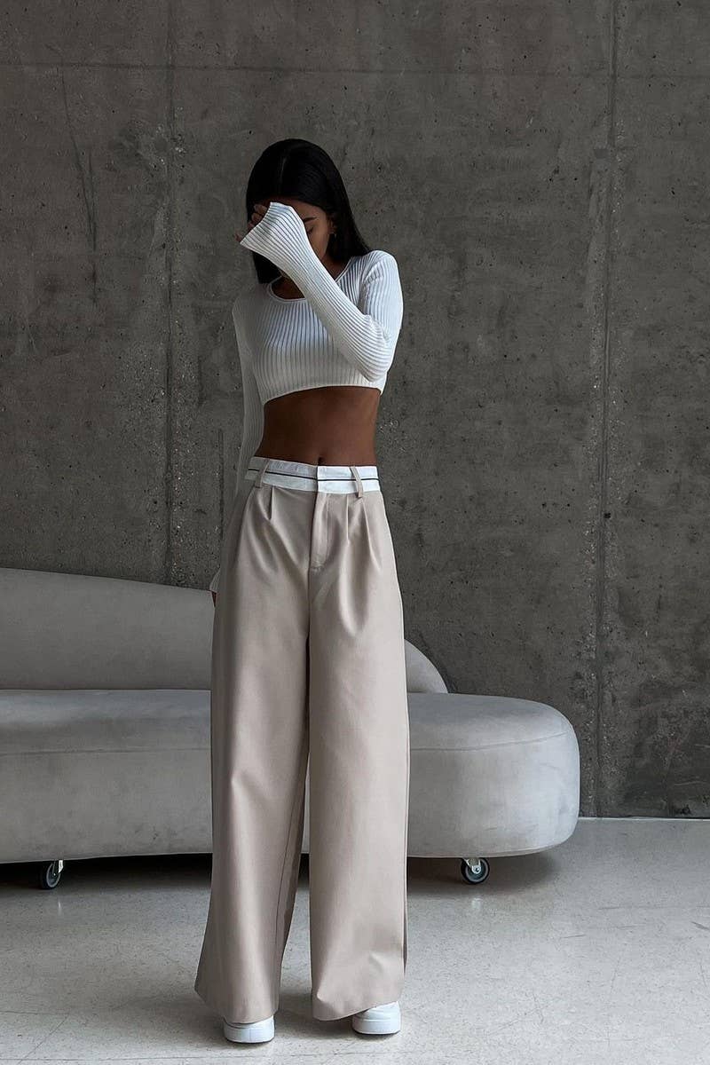 CWBLP1497_SOLID COLOR LOOSE CASUAL MOPPING SUIT PANTS