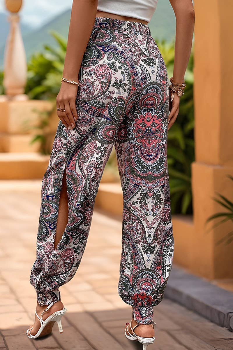 CWBLP1850_SUMMER CASUAL WOMEN'S ELASTIC WAIST SLIT TROUSERS