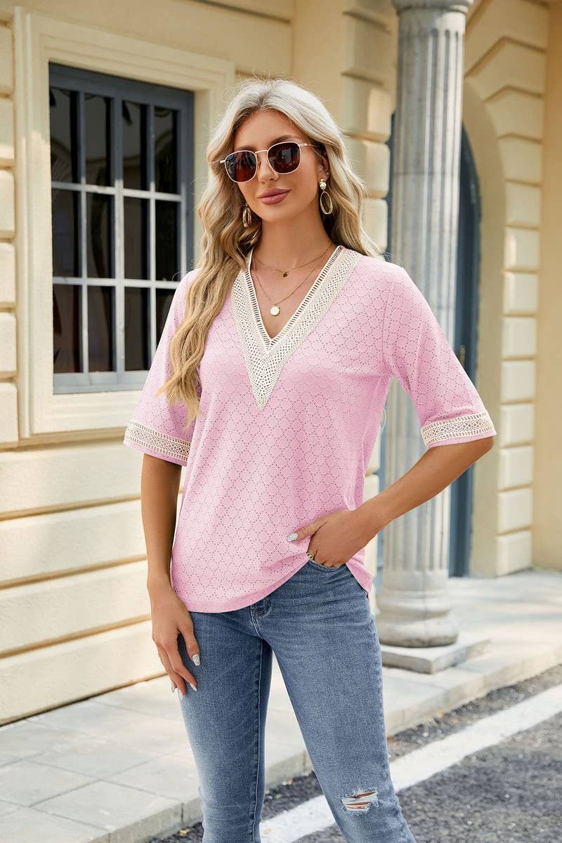 CWTTS0819_V-Neck Lace Trim Short Sleeve Knit Top