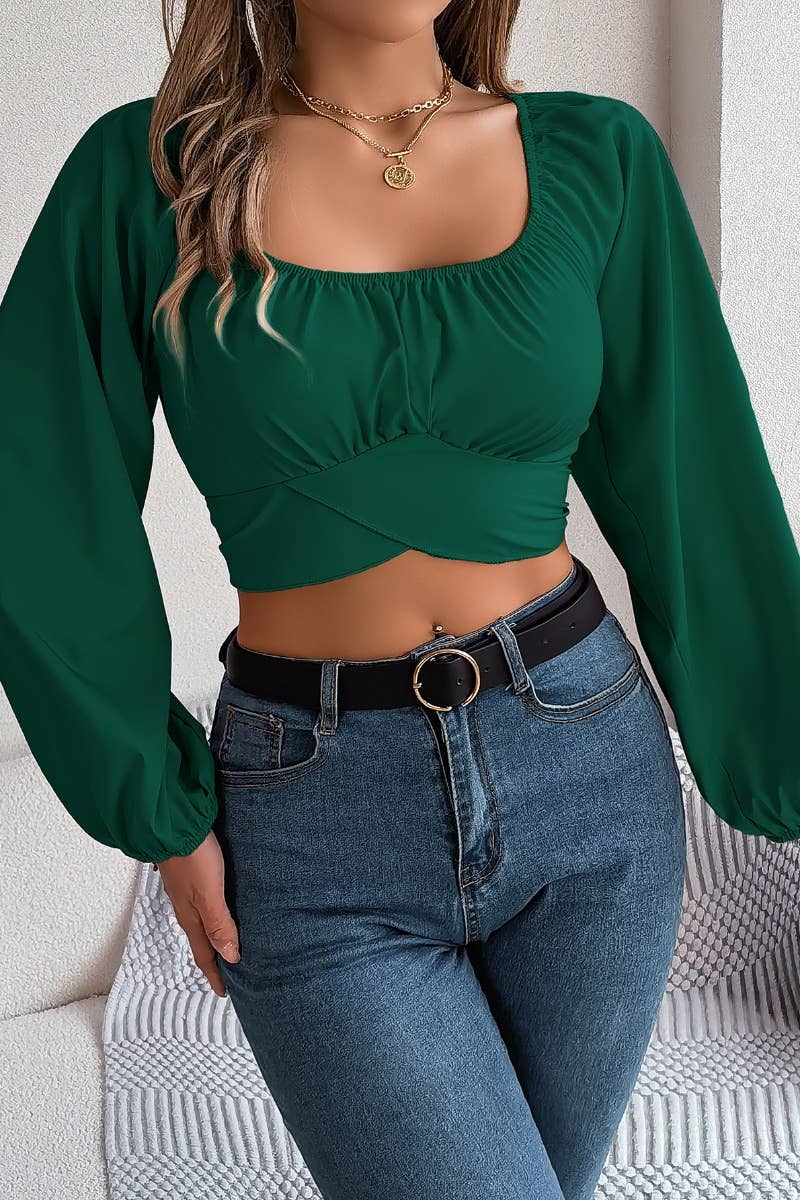 CWTBLL0940_SUMMER LANTERN SLEEVE CHIFFON WAIST CROP TOP