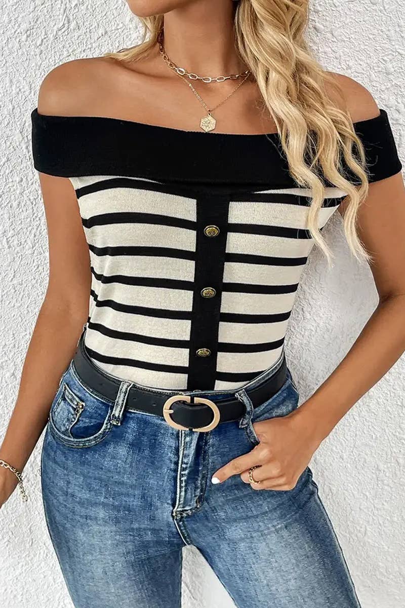 CWTTS1306_FASHION STRIPED OFF-SHOULDER BOAT NECK SWEATER