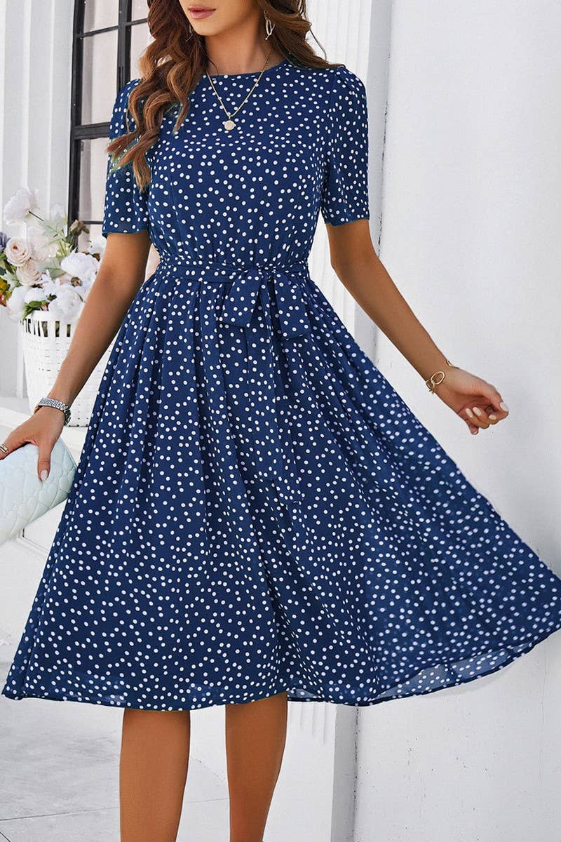 CWDSD7139_TEMPERAMENT CASUAL POLKA DOT LACE-UP PRINT DRESS