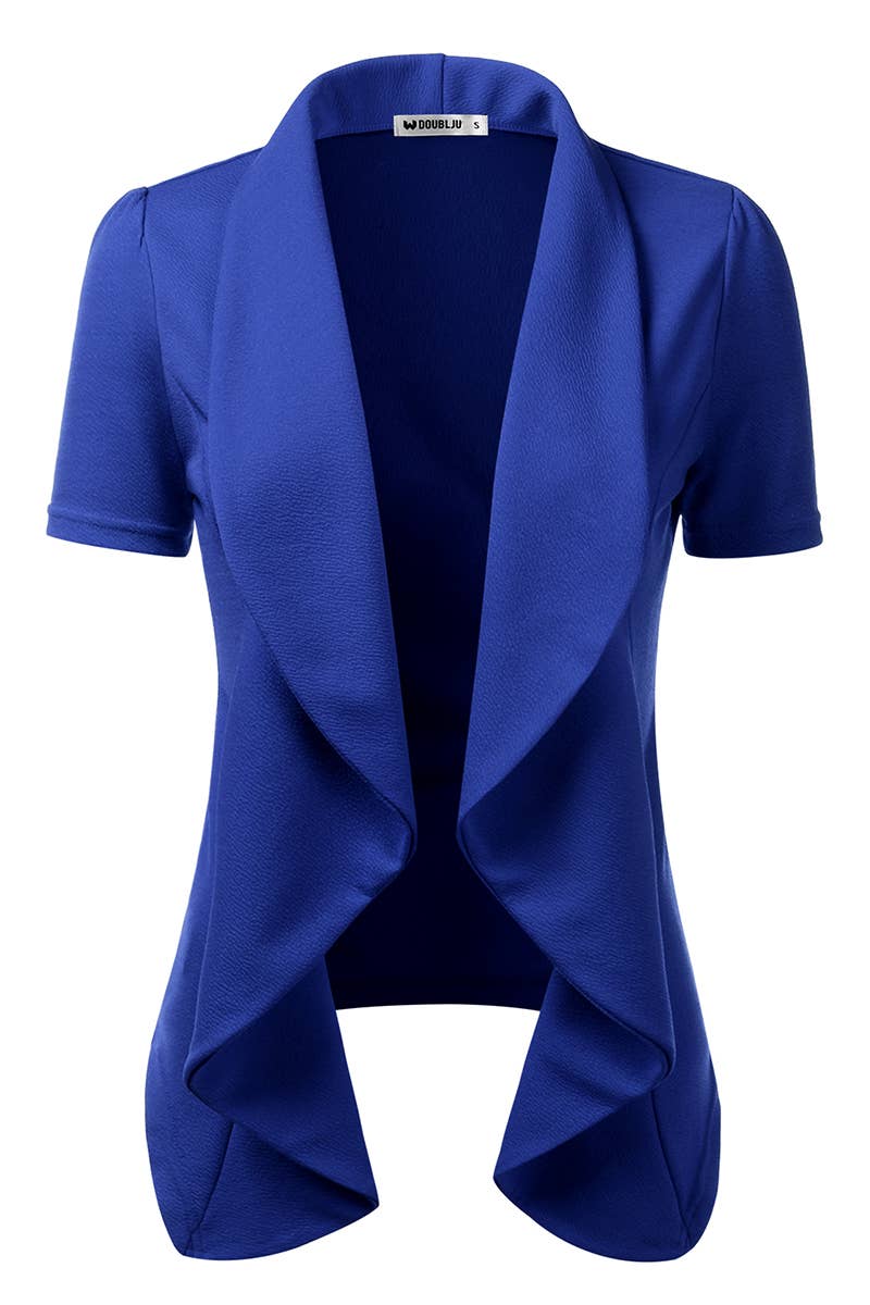 CWOBL095_Short Sleeve Open Front Draped Ruffles Blouses