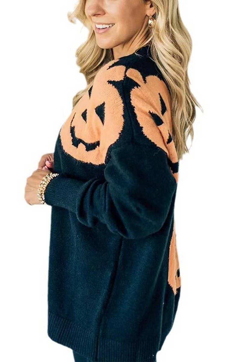 CWOSWL07655_HALLOWEEN PUMPKIN PRINT PULLOVER SWEATER